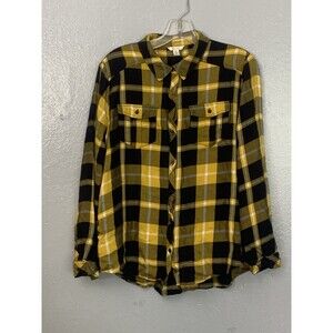 Cato Flannel Shirt Size XL Plaid Yellow Navy Button Down Long Sleeve Cowgirl